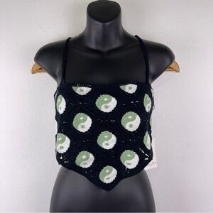 Emory Park Black Green Yin Yang Crochet Triangle Head Scarf Top Women's Medium
